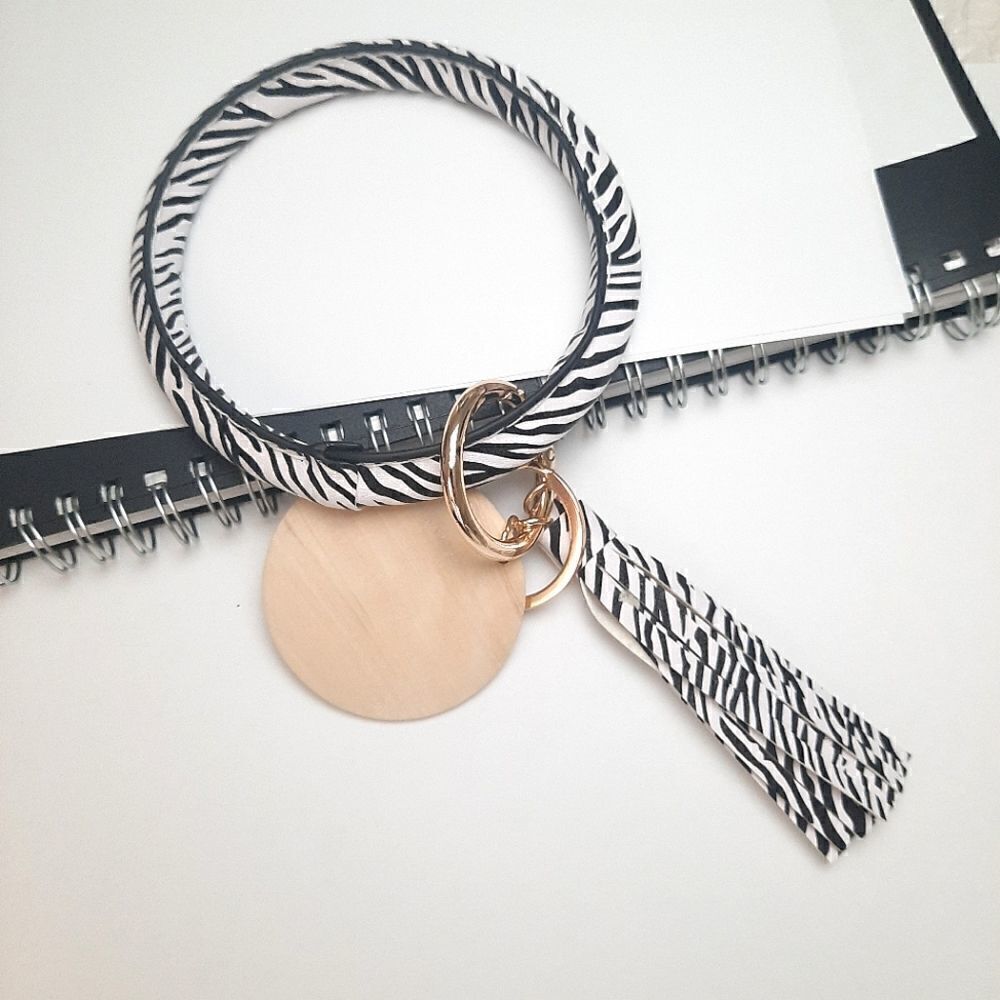 Zebra Print Leather Tassel Unisex Bangle Wrist Key Ring Keychain Ring - Picture 5 of 6
